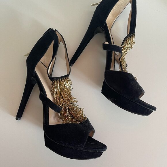 New Gold/Black Heel platform sandals - Picture 1 of 7